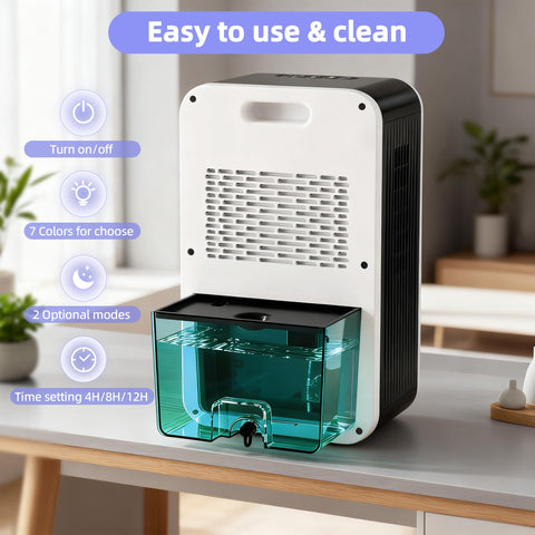 Scozza dehumidifier timer and auto shut-off prevent overflow safely.