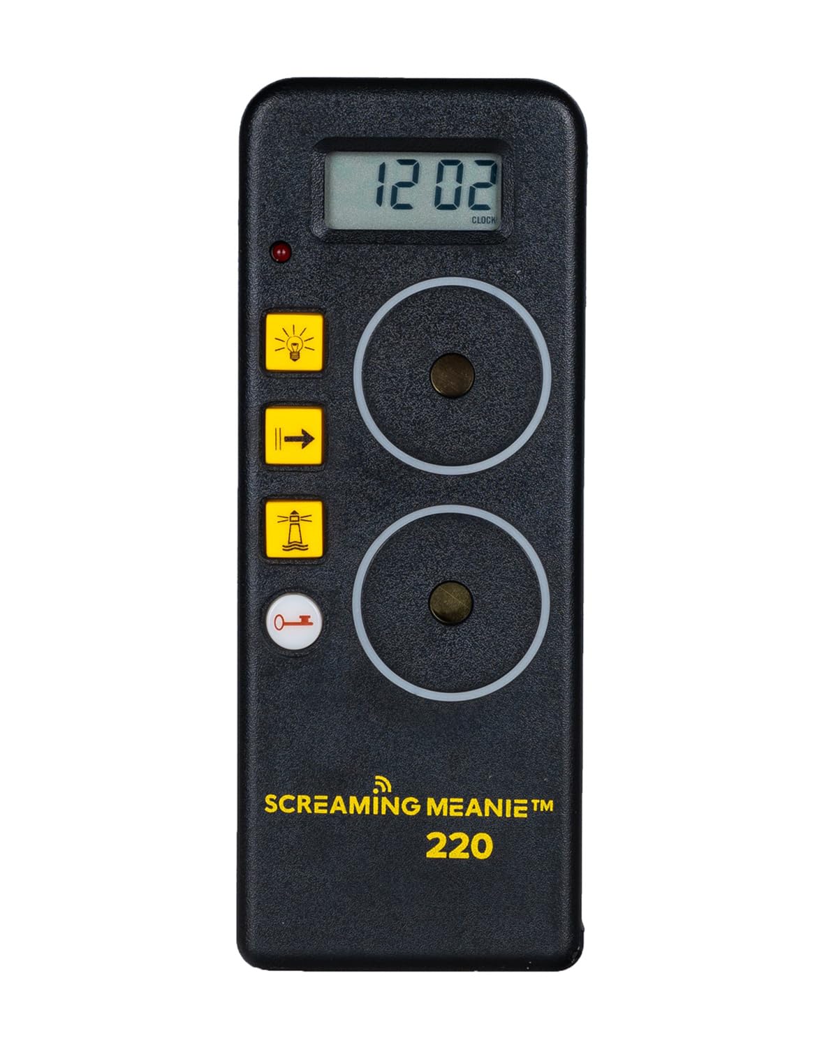 Screaming Meanie 220 alarm clock front view highlights compact design for easy pockets and quick wake-up.