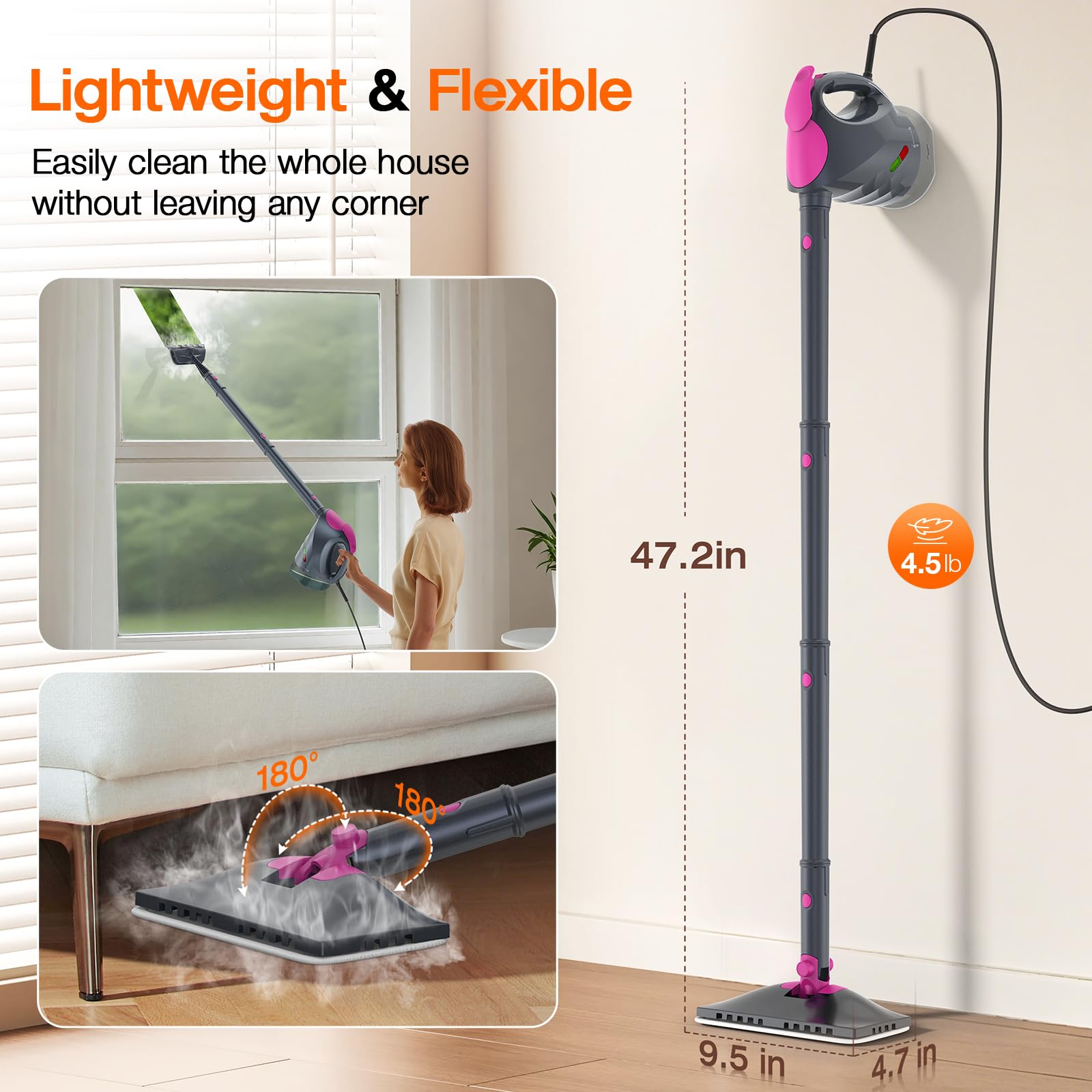 ScrubWiz fast heating in 10 seconds delivers hot steam for quick deep cleaning