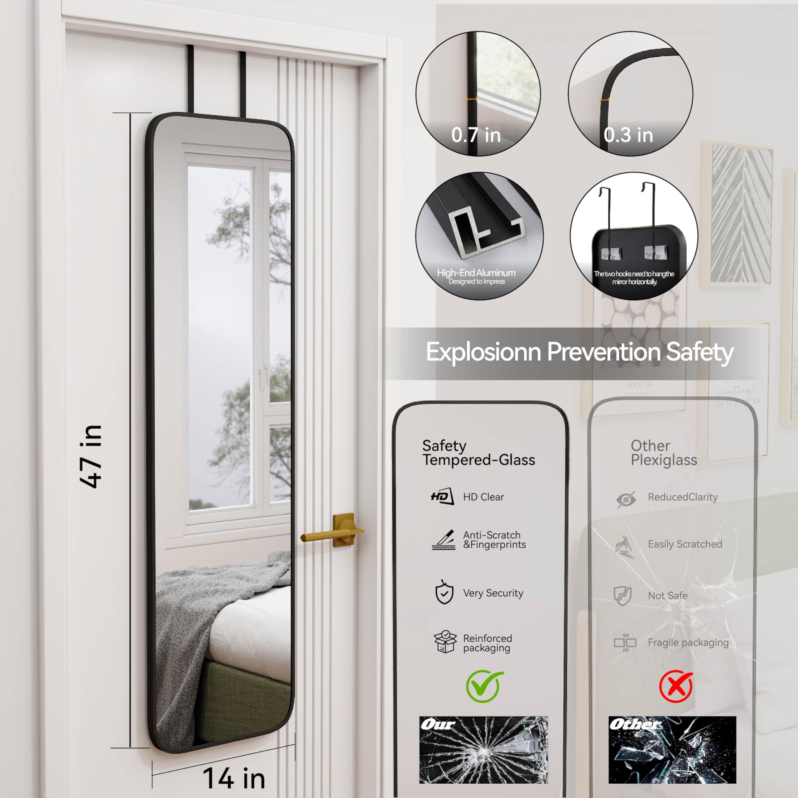 SCWF-GZ 47x14 wall-mounted mirror provides distortion-free reflection in modern rooms