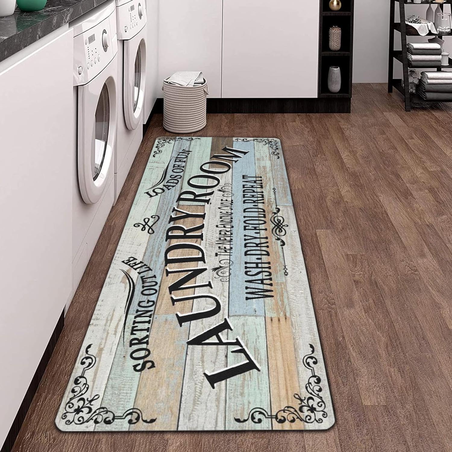 sdhinlwo farmhouse laundry rug side-angle adds rustic charm while protecting floors.