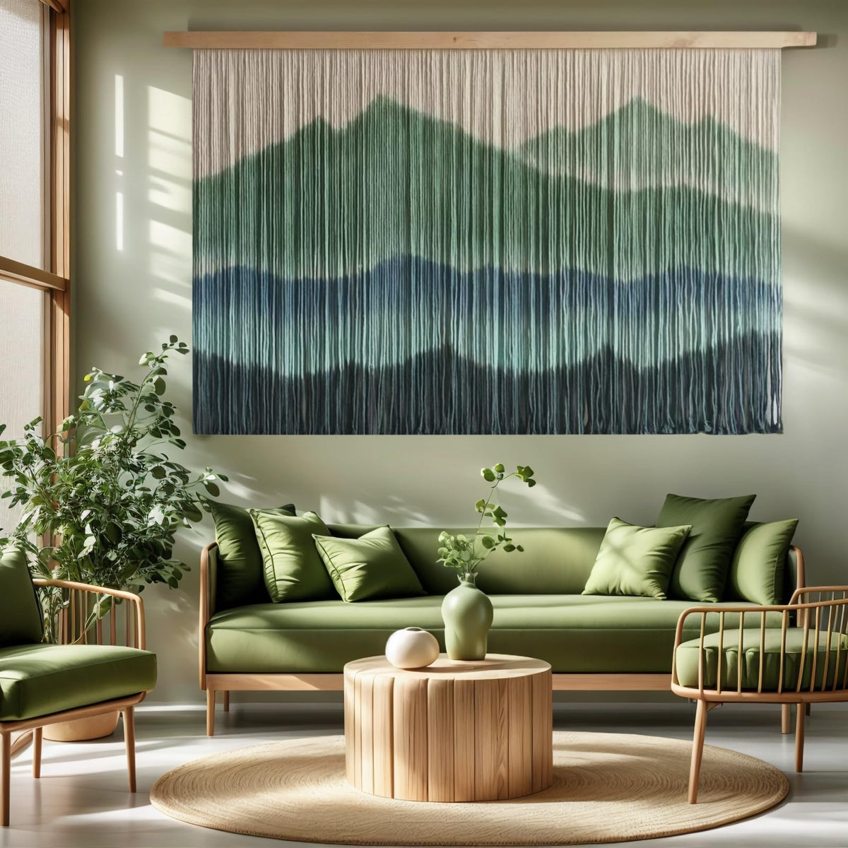 Sdjazl woven boho macrame wall hanging in green dip-dye for living room ambiance