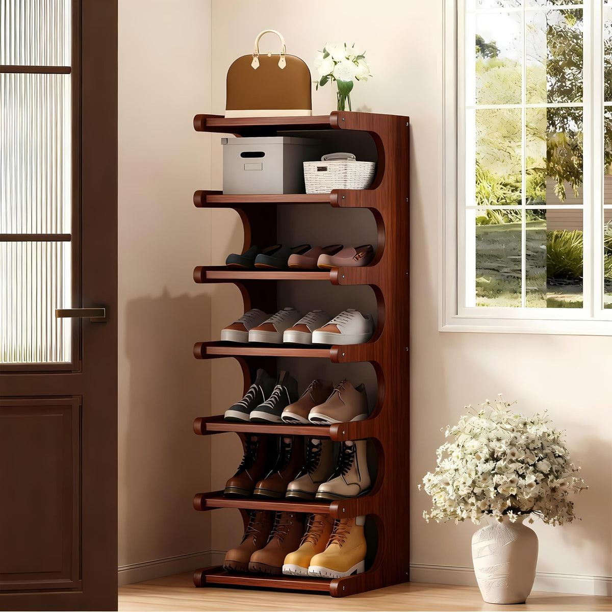 sdowens 7-Tier vertical shoe rack assembly shows quick setup for organized entryway.