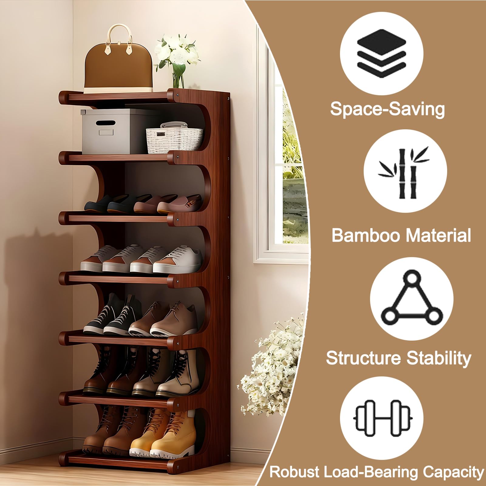 sdowens 7-Tier vertical shoe rack bamboo material highlights natural grain and durable storage.