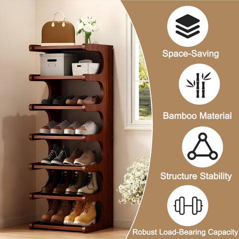 sdowens 7-Tier vertical shoe rack bamboo material highlights natural grain and durable storage.