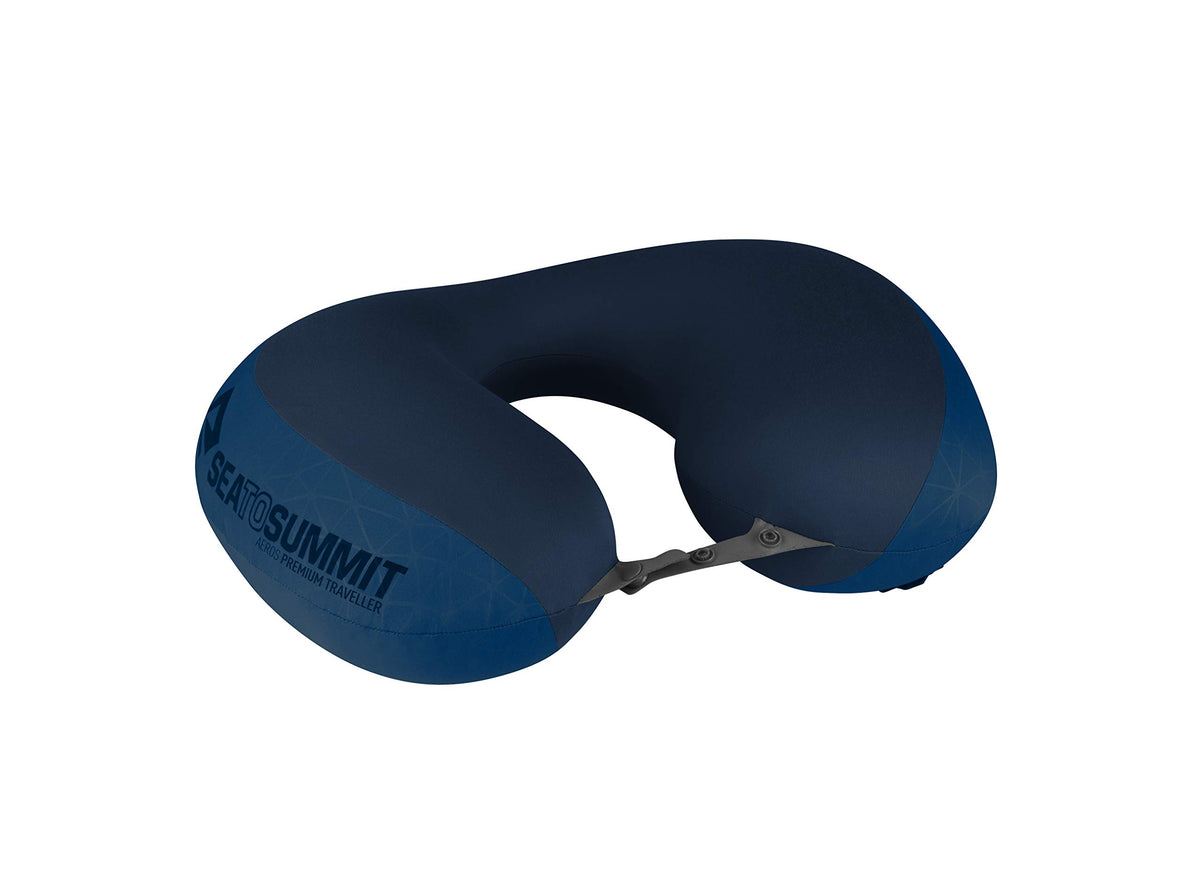Sea to Summit Aeros premium neck pillow, navy blue, ideal for long flights.