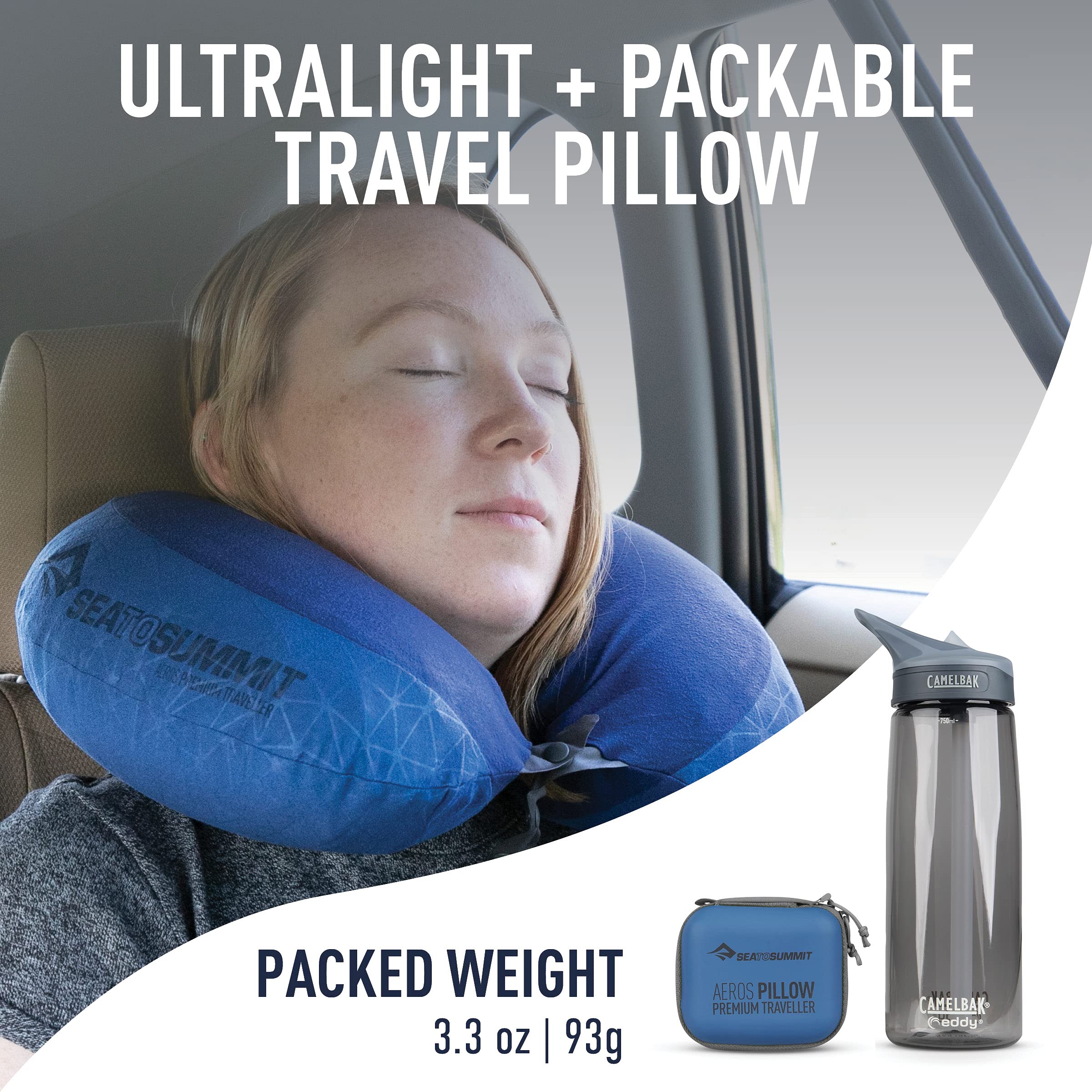 Sea to Summit Aeros premium neck pillow with soft brushed cover for cozy car trips.