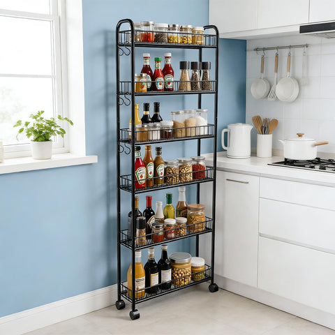 Seadasyoon cart fits between appliances for efficient space-saving storage.