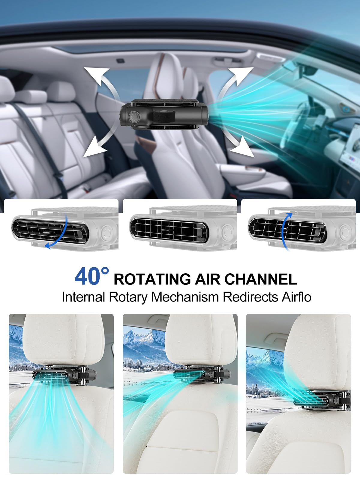 SEAINGO car-seat fan 40-degree adjustment lets you aim airflow.