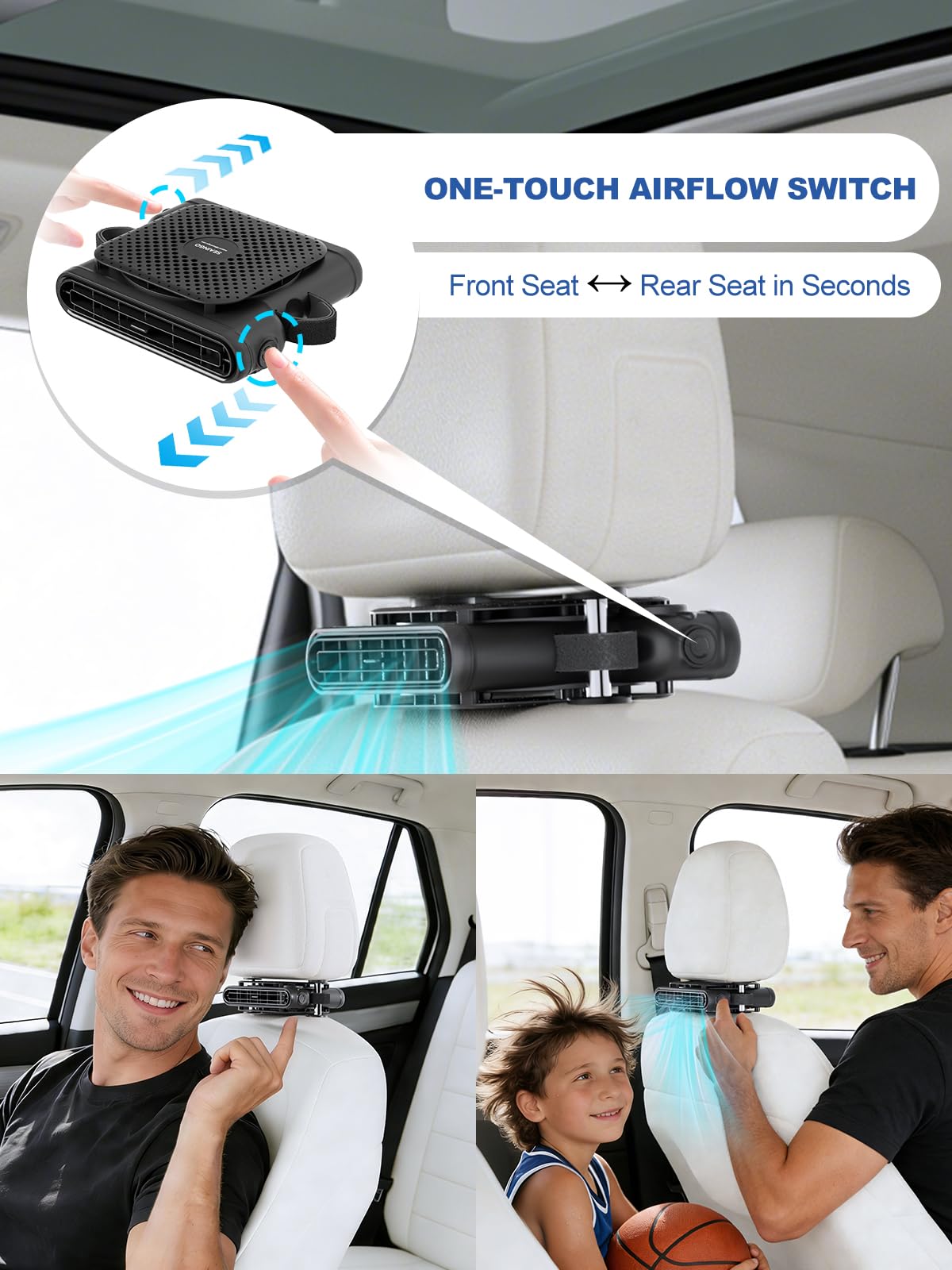 SEAINGO car-seat fan dual air outlets deliver relief for front and rear passengers.