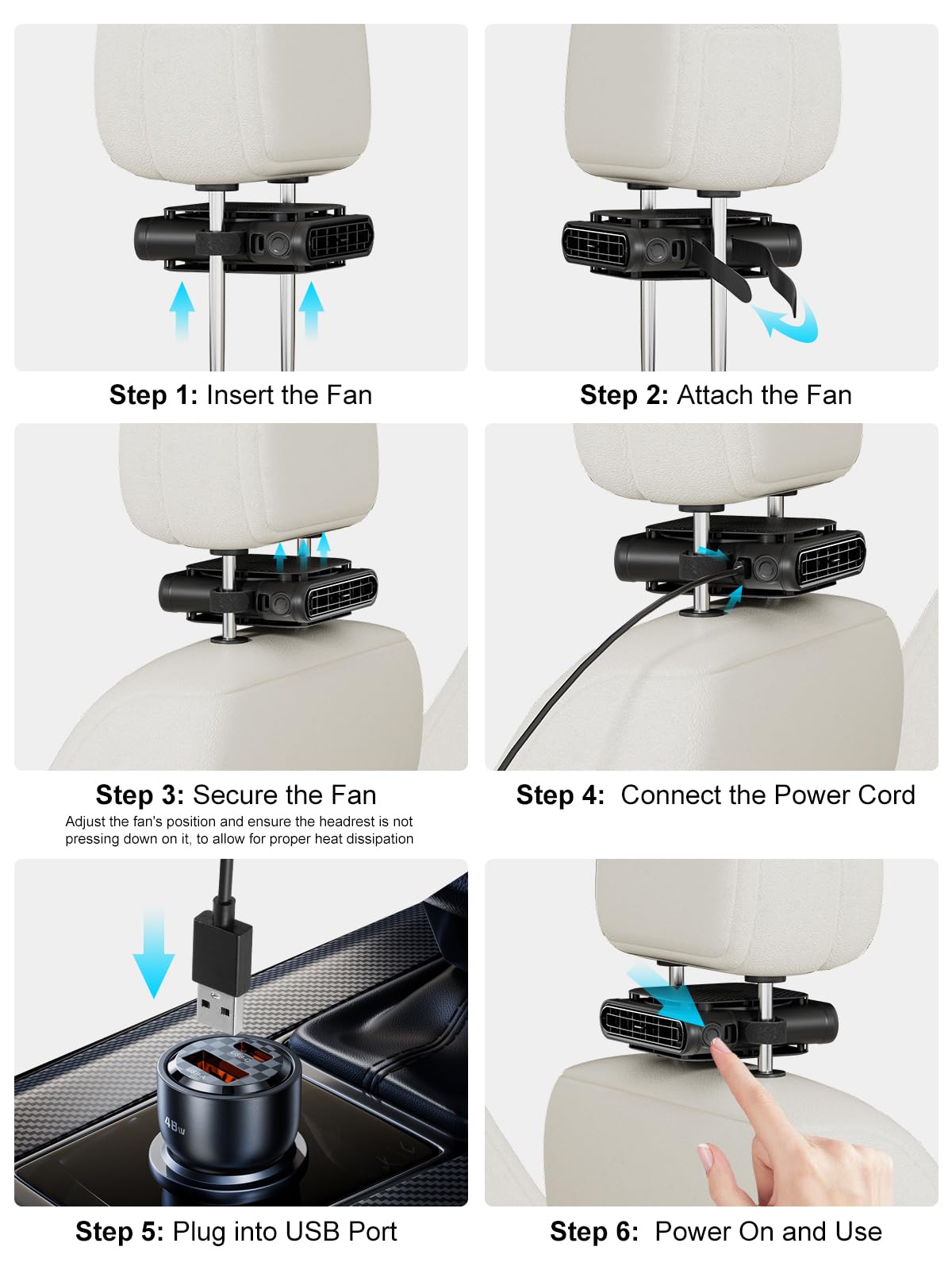 SEAINGO car-seat fan in use behind the front seats keeps kids comfortable.