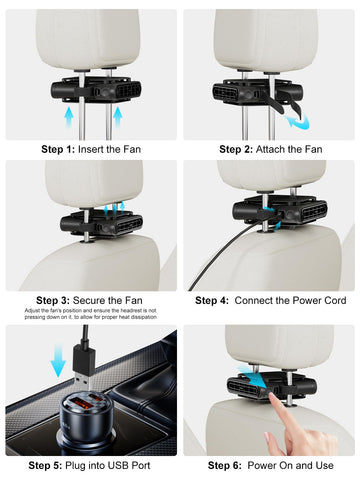 SEAINGO car-seat fan in use behind the front seats keeps kids comfortable.