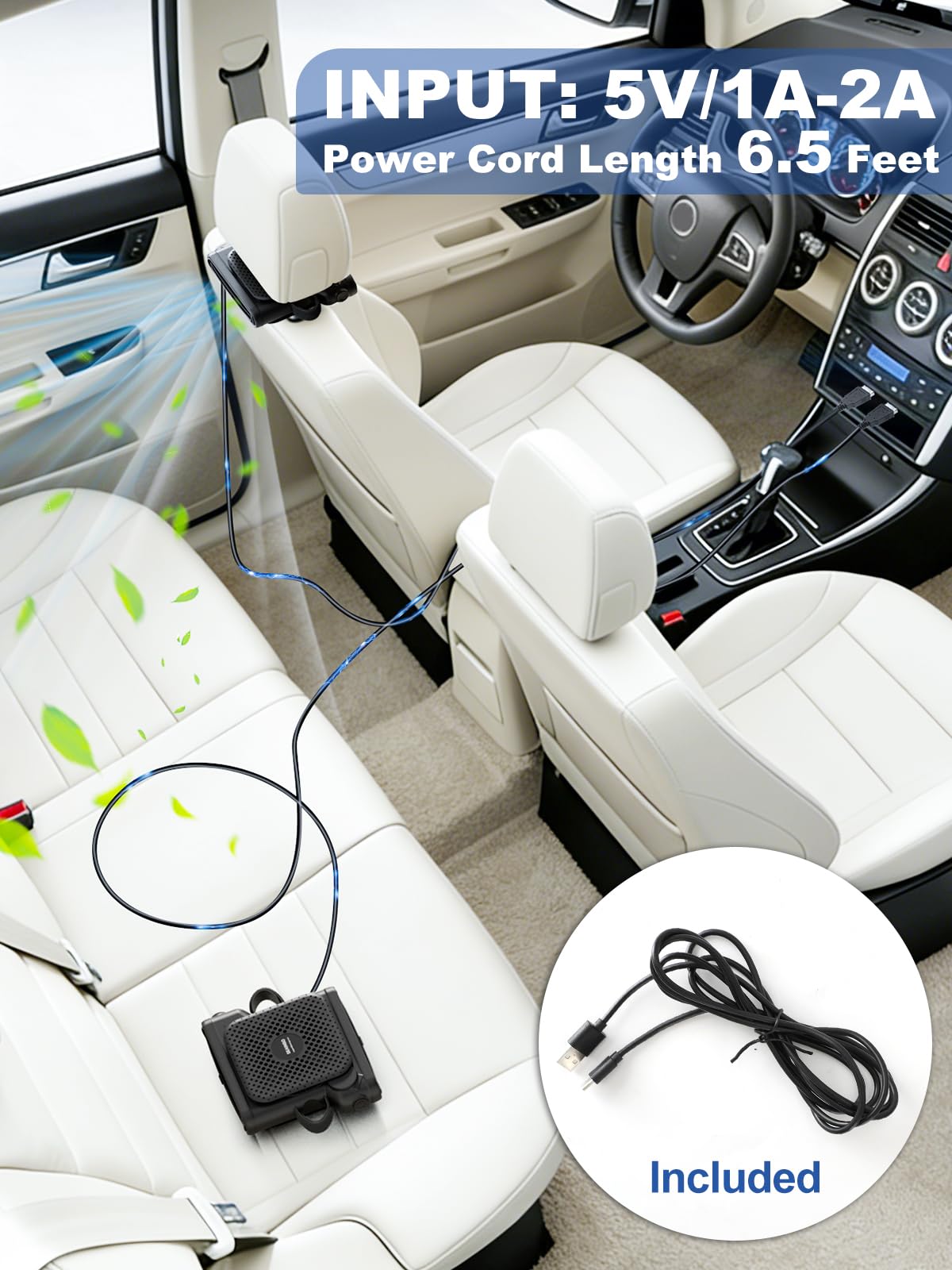 SEAINGO car-seat fan uses USB-C power for easy car use.