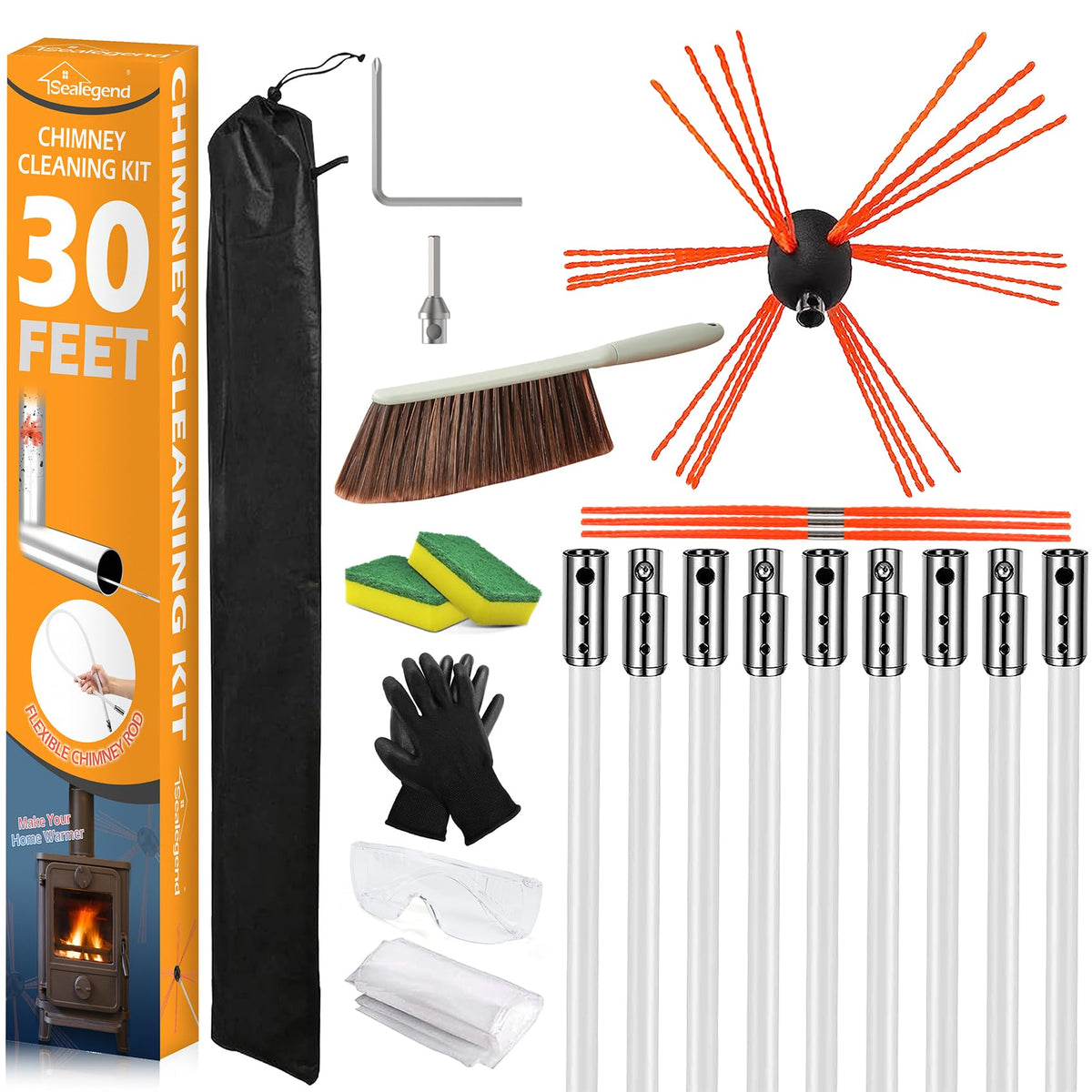 Sealegend 30ft chimney sweep kit view showing complete kit for thorough cleaning