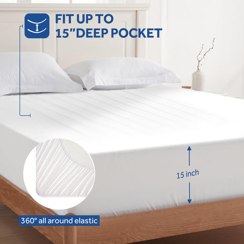 15-inch deep-pocket fit demonstrated on a full-size bed.