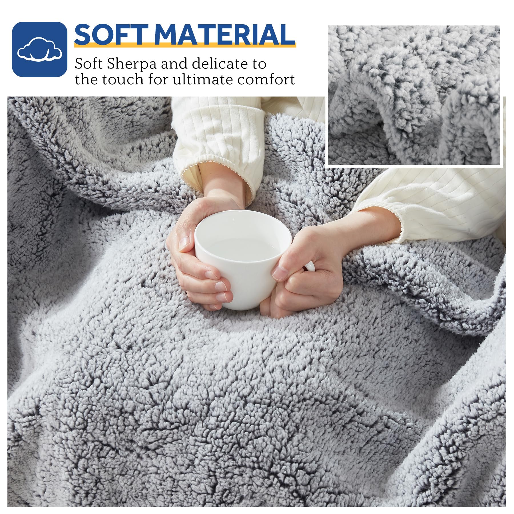 Sealy double Sherpa 240gsm fabric texture on throw.