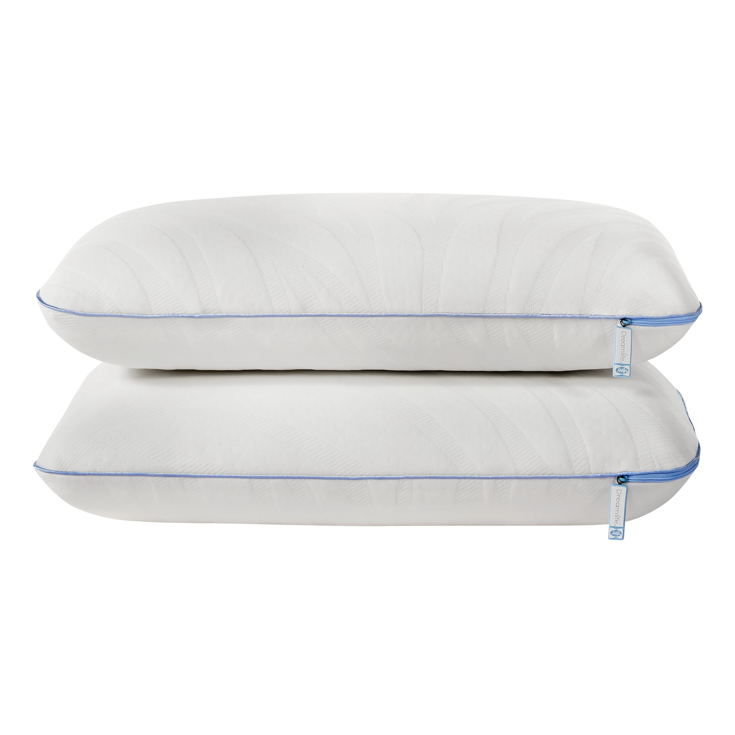 Sealy Dreamlife memory foam pillow side angle showing plush comfort and alignment.