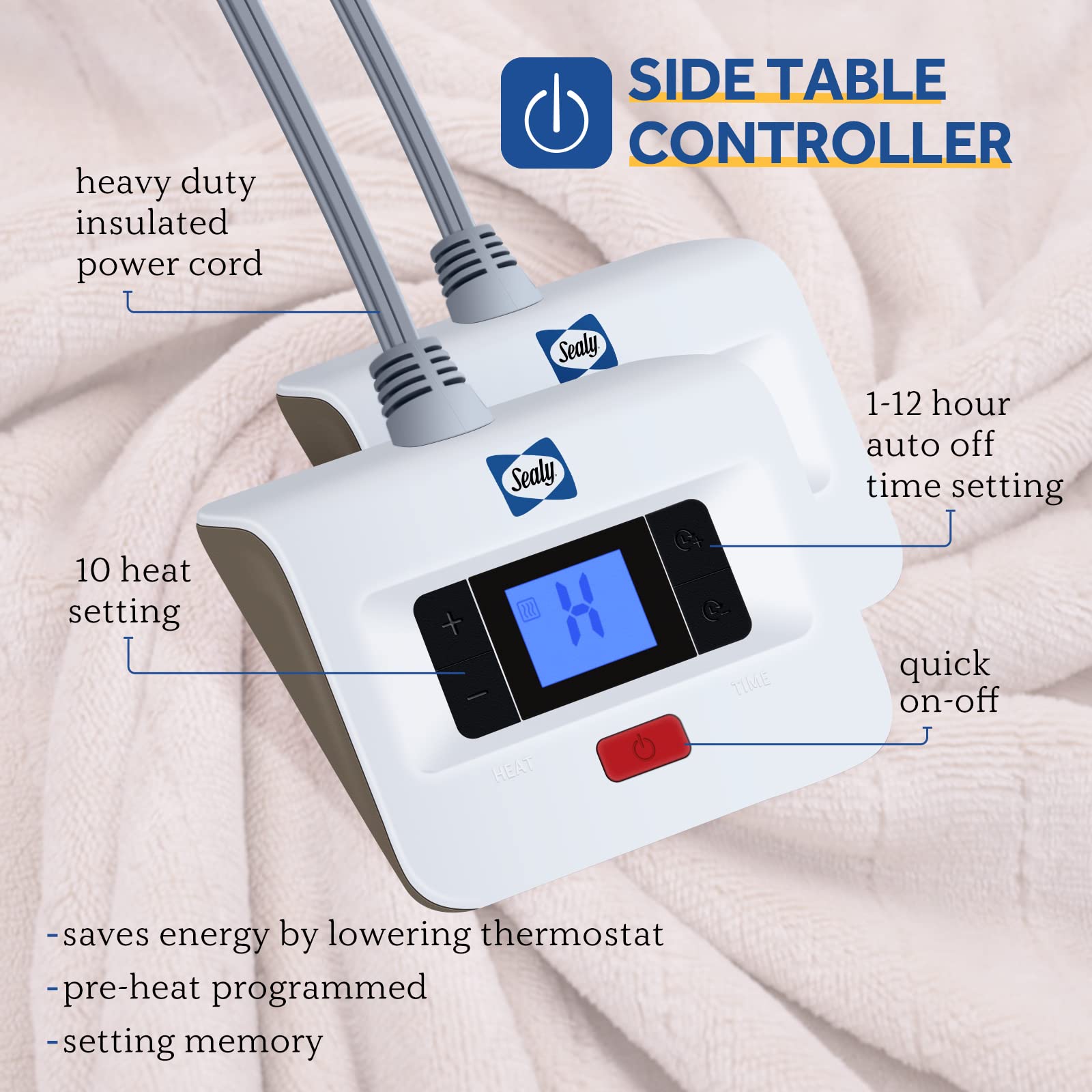 Sealy electric blanket auto shut-off promotes safe overnight use.