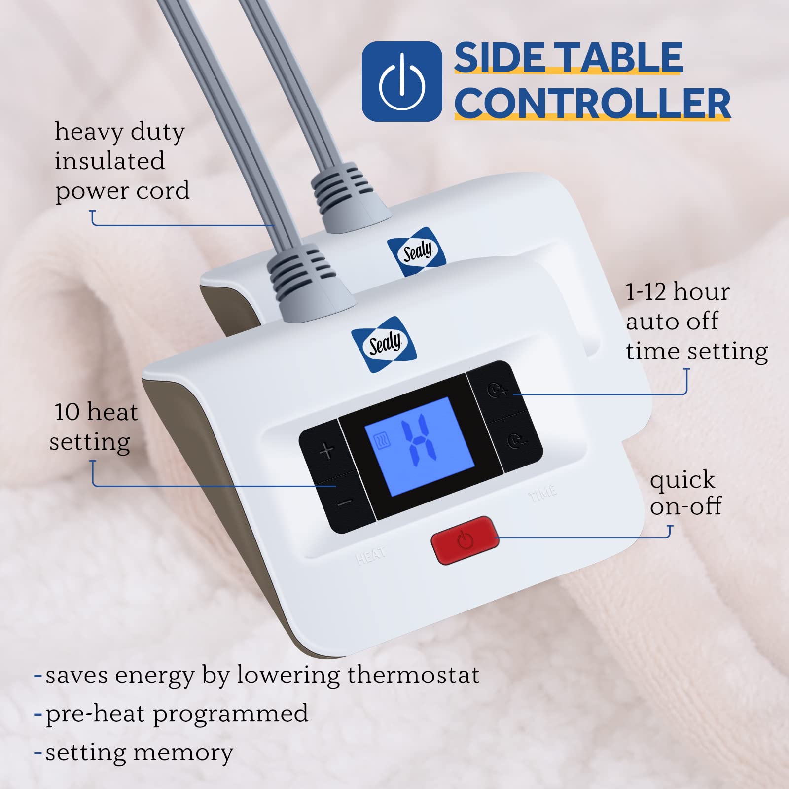Sealy electric blanket king-size dual controllers for personalized heat zones.