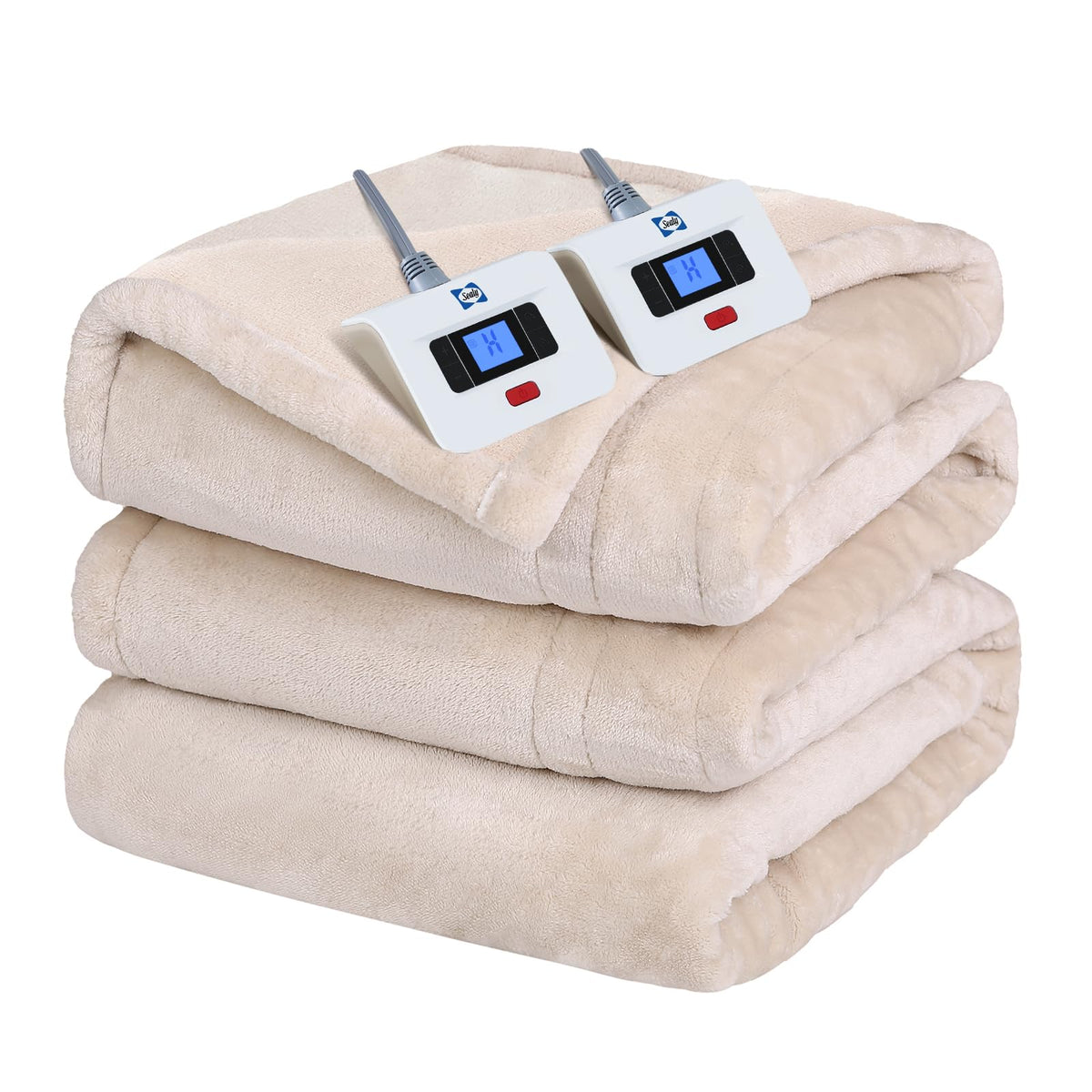 Sealy electric blanket on beige bed provides fast, even warmth across the queen surface.