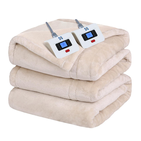 Sealy electric blanket on beige bed provides fast, even warmth across the queen surface.