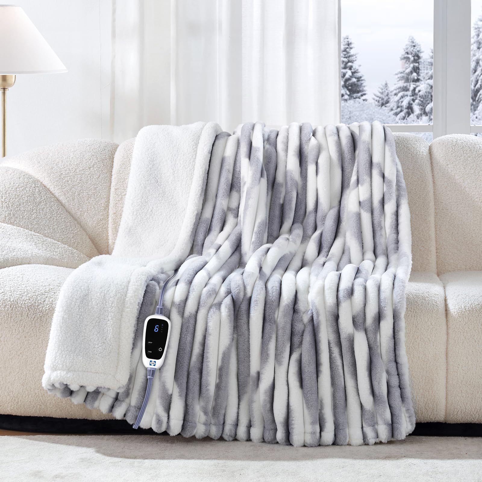 Sealy electric blanket throw with faux fur to sherpa reversible texture for luxurious warmth and coziness