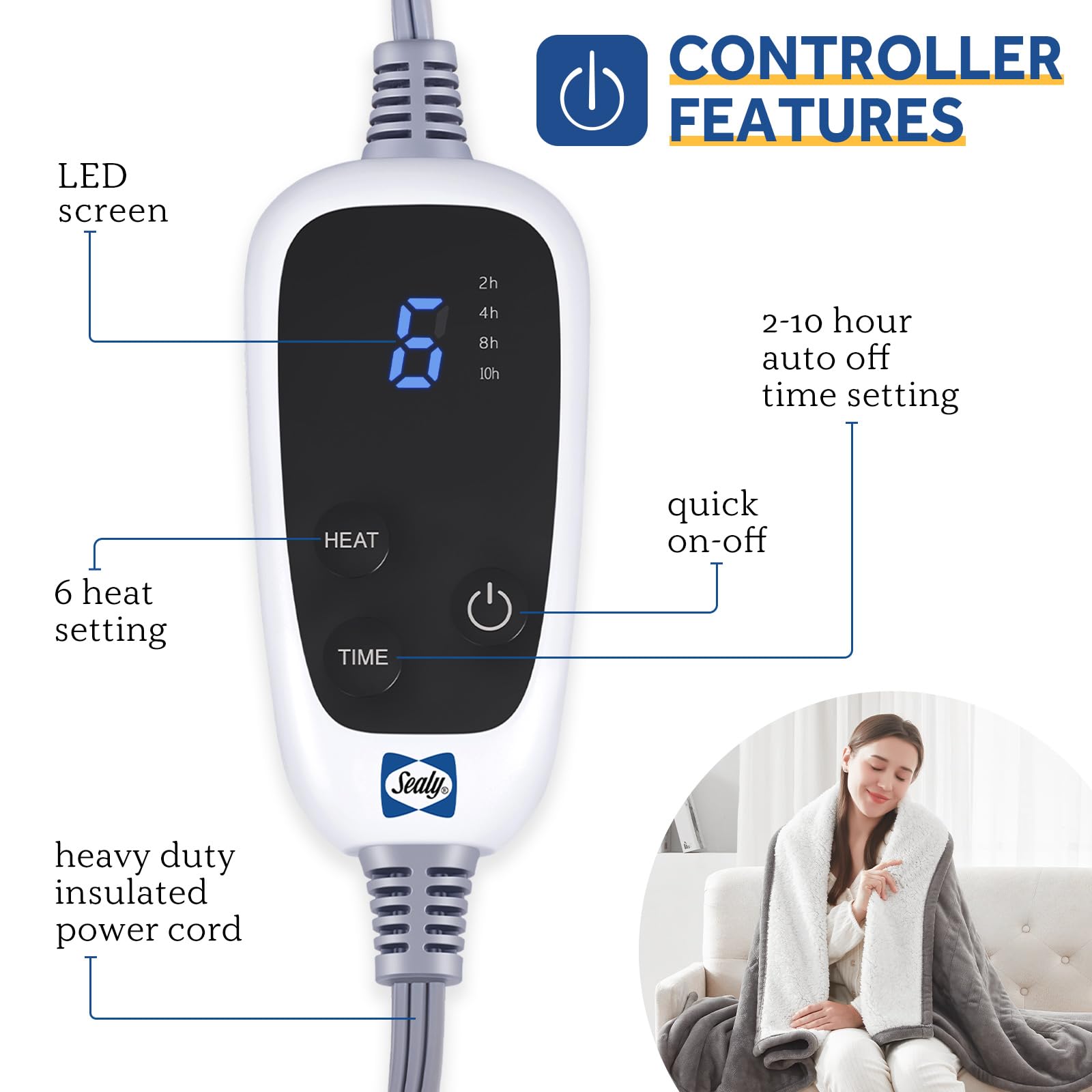 Sealy electric throw shows six heat levels for customizable comfort