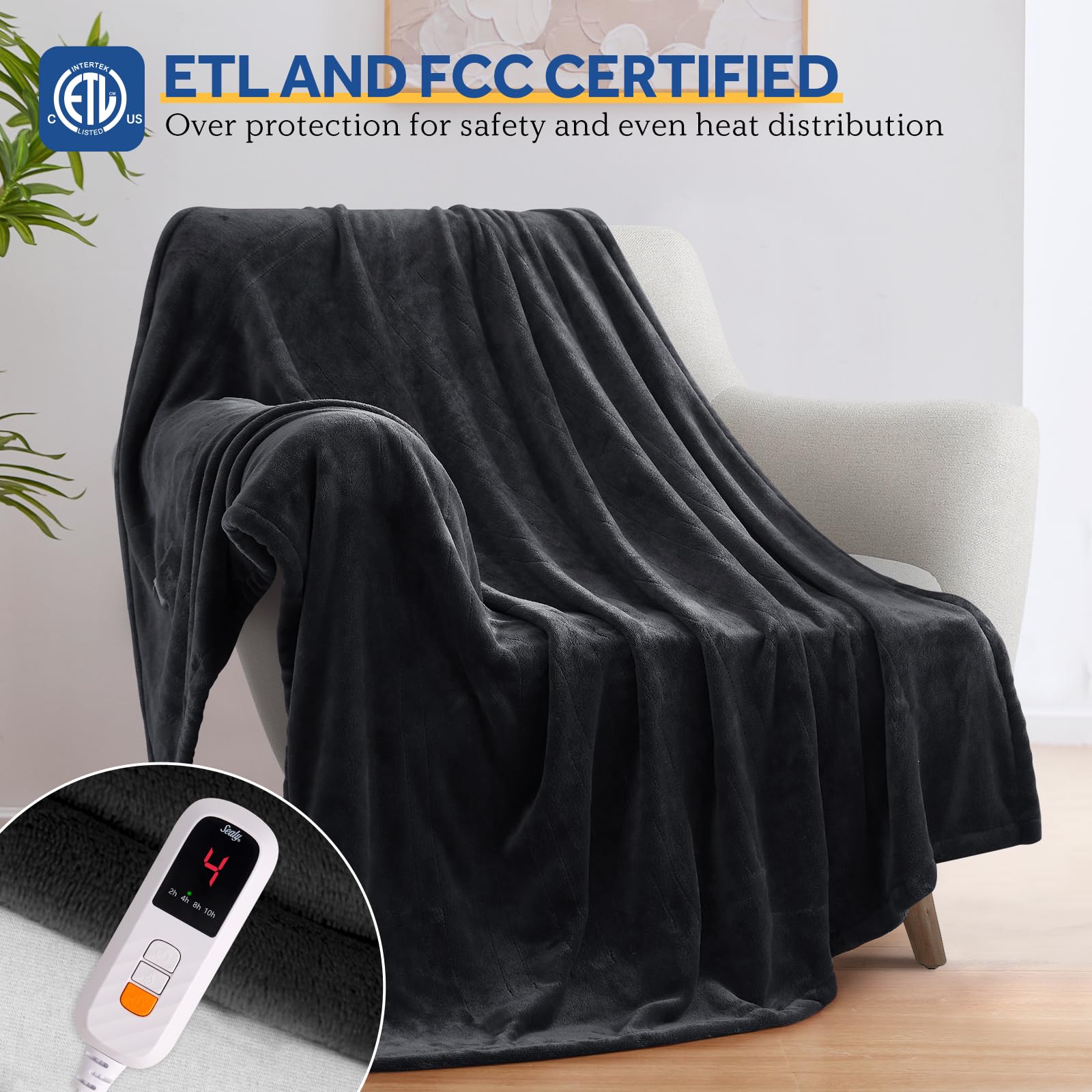 Sealy heated blanket throw control panel highlighting 6 heat levels