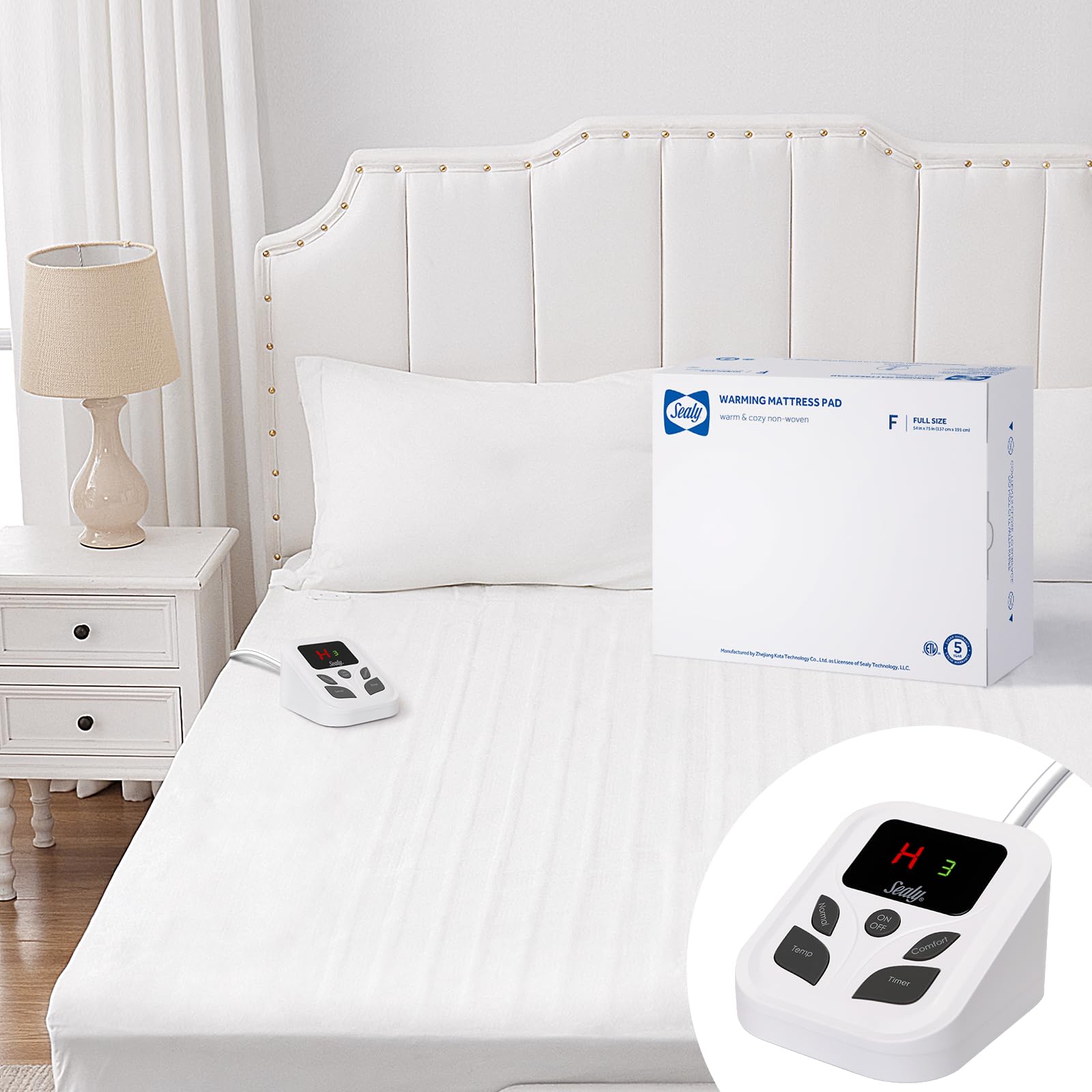 Sealy heated mattress pad on a full bed ready to warm a cold night.