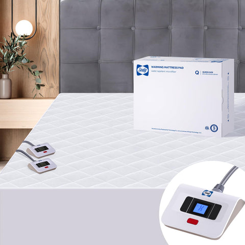 Sealy heated mattress pad on queen bed preheating for cozy nights