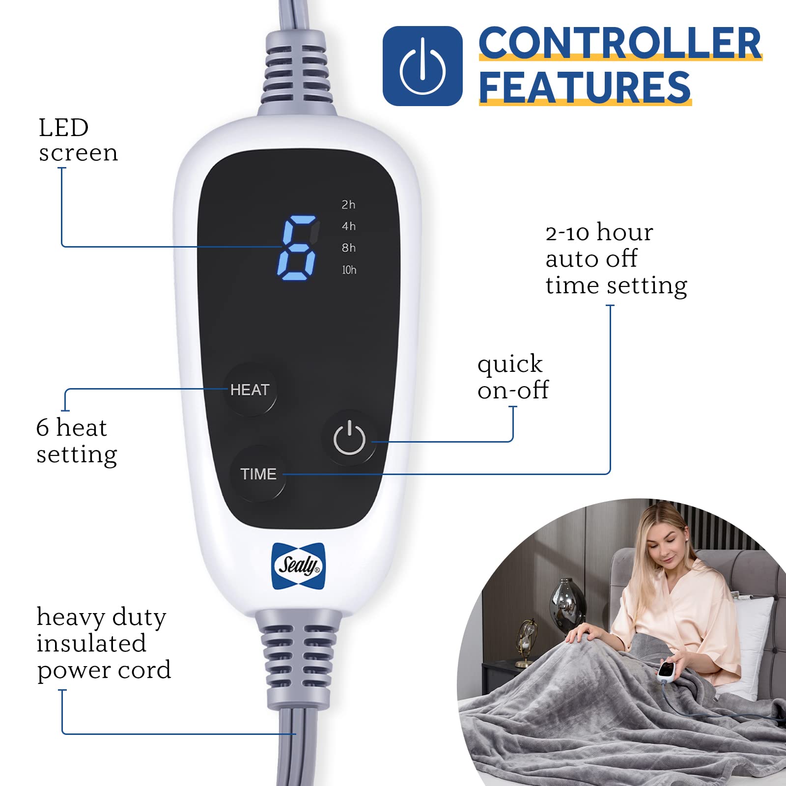 Sealy heated throw controls with 6 heat settings for personalized warmth.