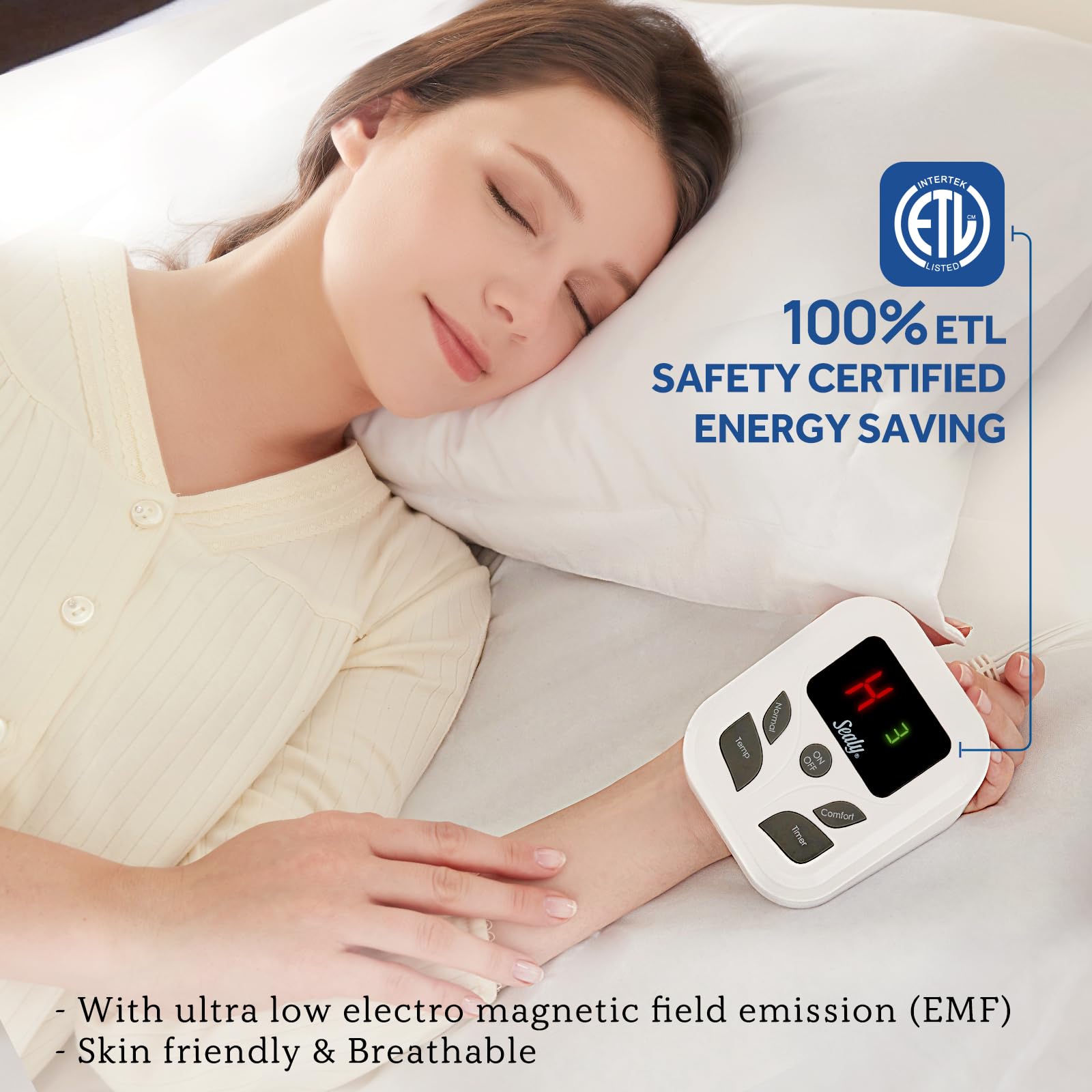 ETL and FCC safety labels on the Sealy heated pad.
