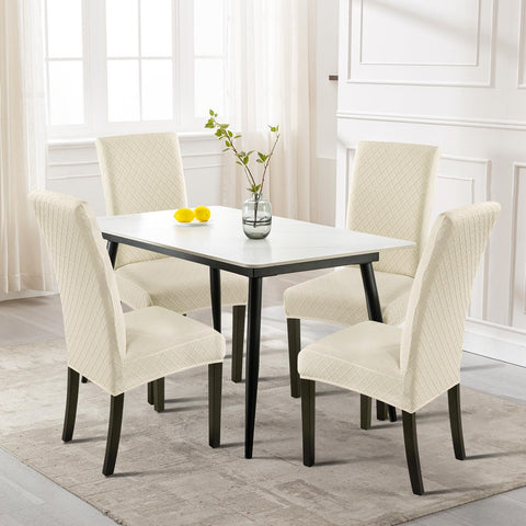 SearchI beige rhombus slipcover close-up reveals soft jacquard fabric.