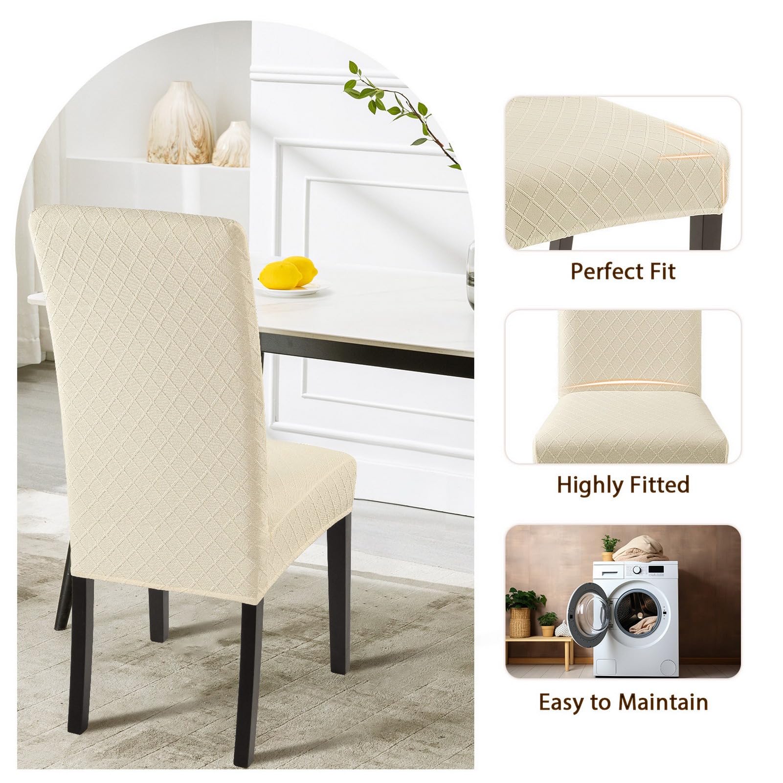SearchI dining room setup featuring beige rhombus slipcovers for decor upgrade.