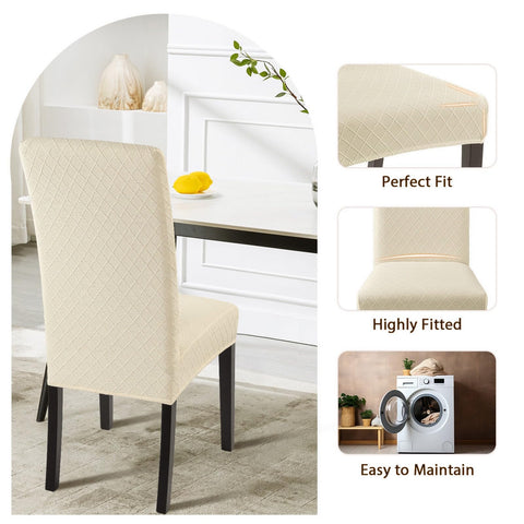 SearchI dining room setup featuring beige rhombus slipcovers for decor upgrade.