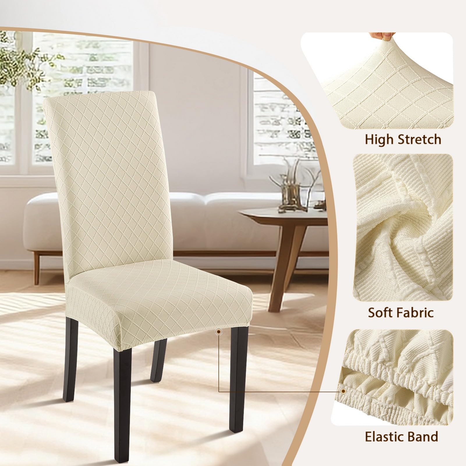 SearchI stretch jacquard slipcover demonstrates universal fit for dining chairs.