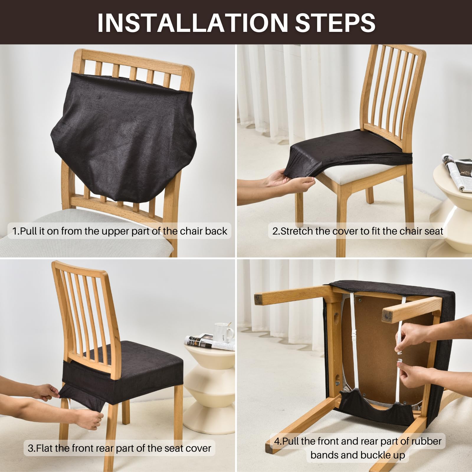 SearchI Stretch Dining Chair Seat Covers slip on quickly for fast room refreshes.