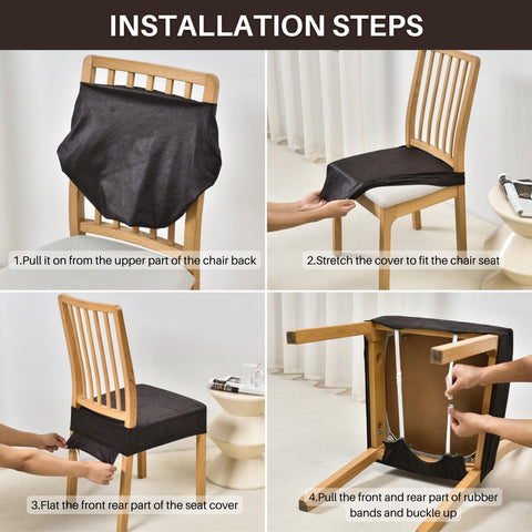SearchI Stretch Dining Chair Seat Covers slip on quickly for fast room refreshes.