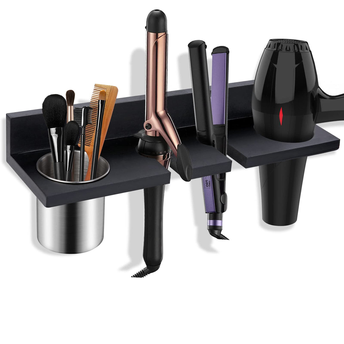 seashpea hair tool organizer wall-mounted in black keeps tools organized and reachable