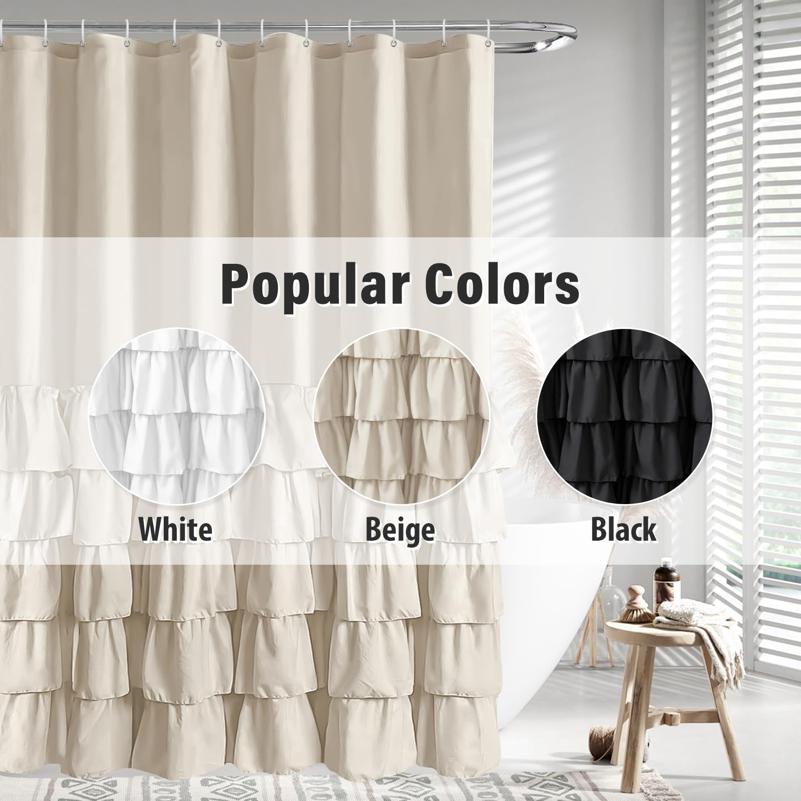 Seasonwood beige curtain fits most tub areas while helping keep floors dry.