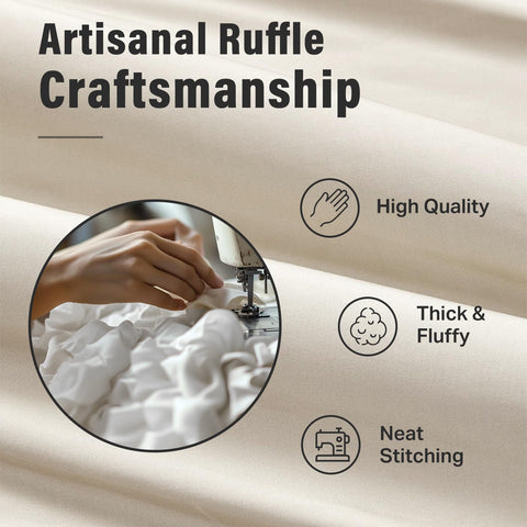 Seasonwood beige ruffle shower curtain texture close-up highlights quick-drying fabric.