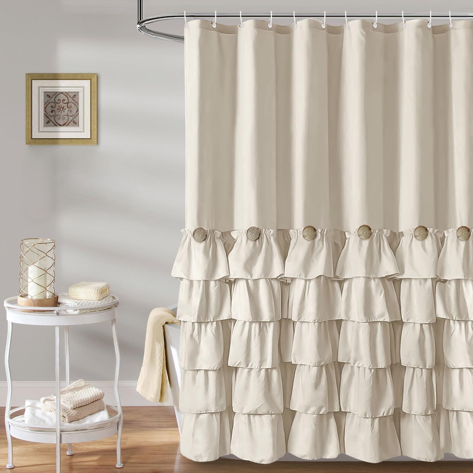 Seasonwood beige ruffle shower curtain with wood buttons adds rustic charm to a bathroom.