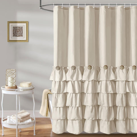 Seasonwood beige ruffle shower curtain with wood buttons adds rustic charm to a bathroom.