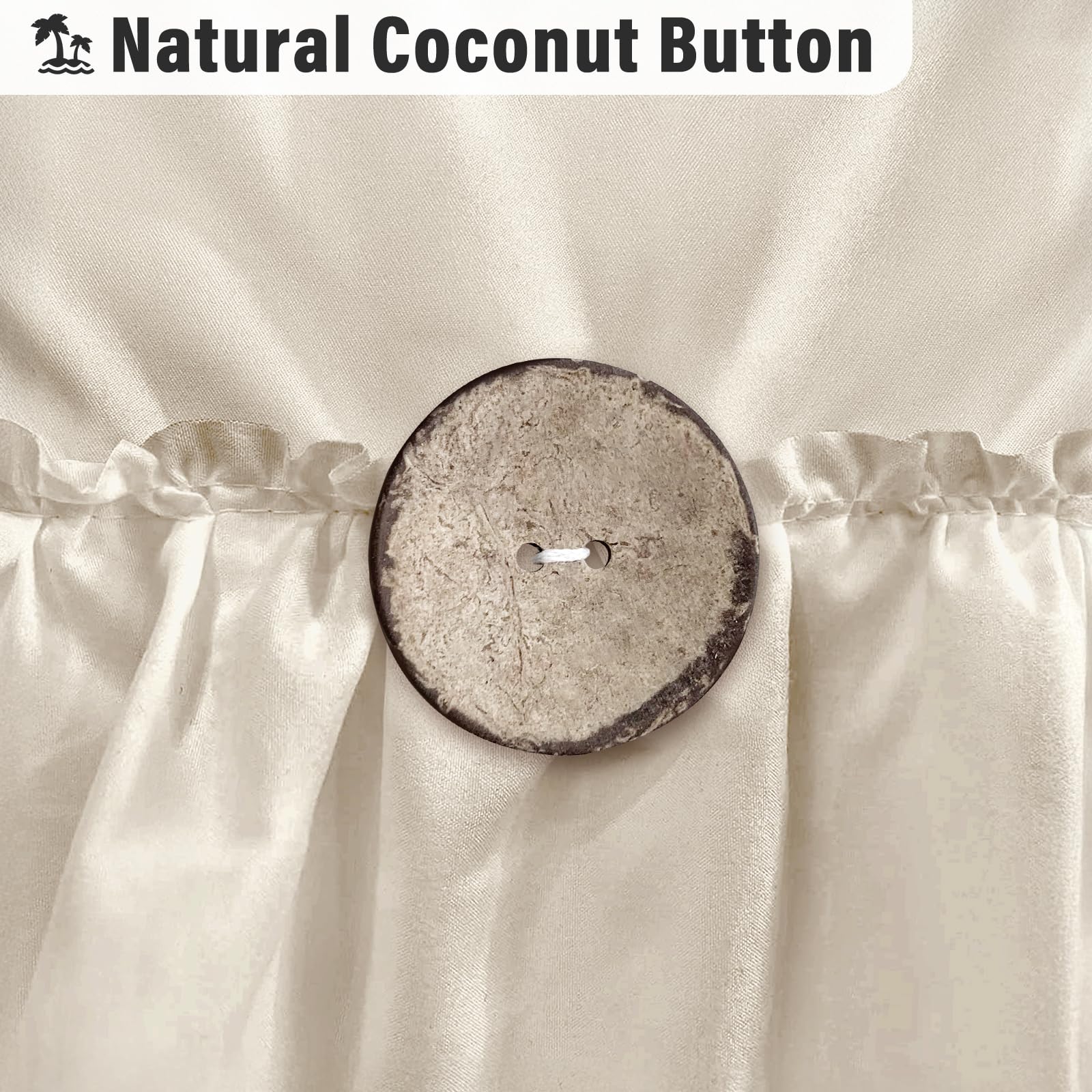 Seasonwood wood buttons detail on beige curtain enhances cottage-style accents.