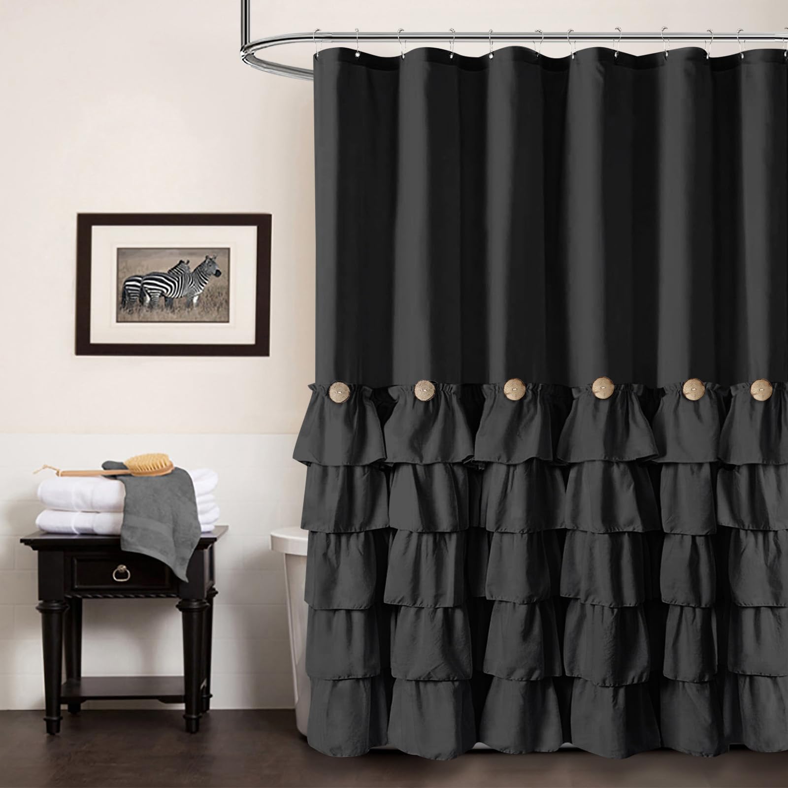 Seasonwood Black Ruffle Shower Curtain closeup showing fabric texture and privacy.