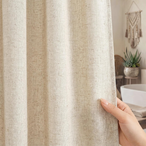 Seasonwood extra-long linen shower curtain beige provides generous coverage and privacy.