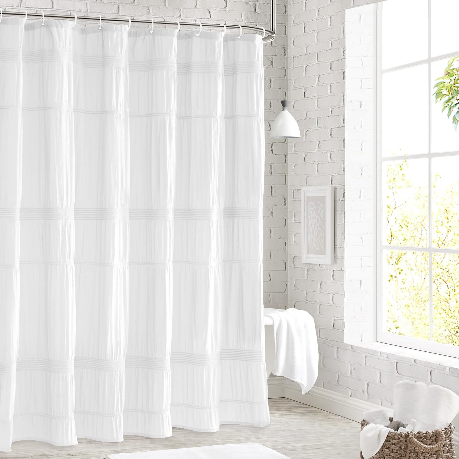 Seasonwood farmhouse curtain provides a light airy look with neutral accents.