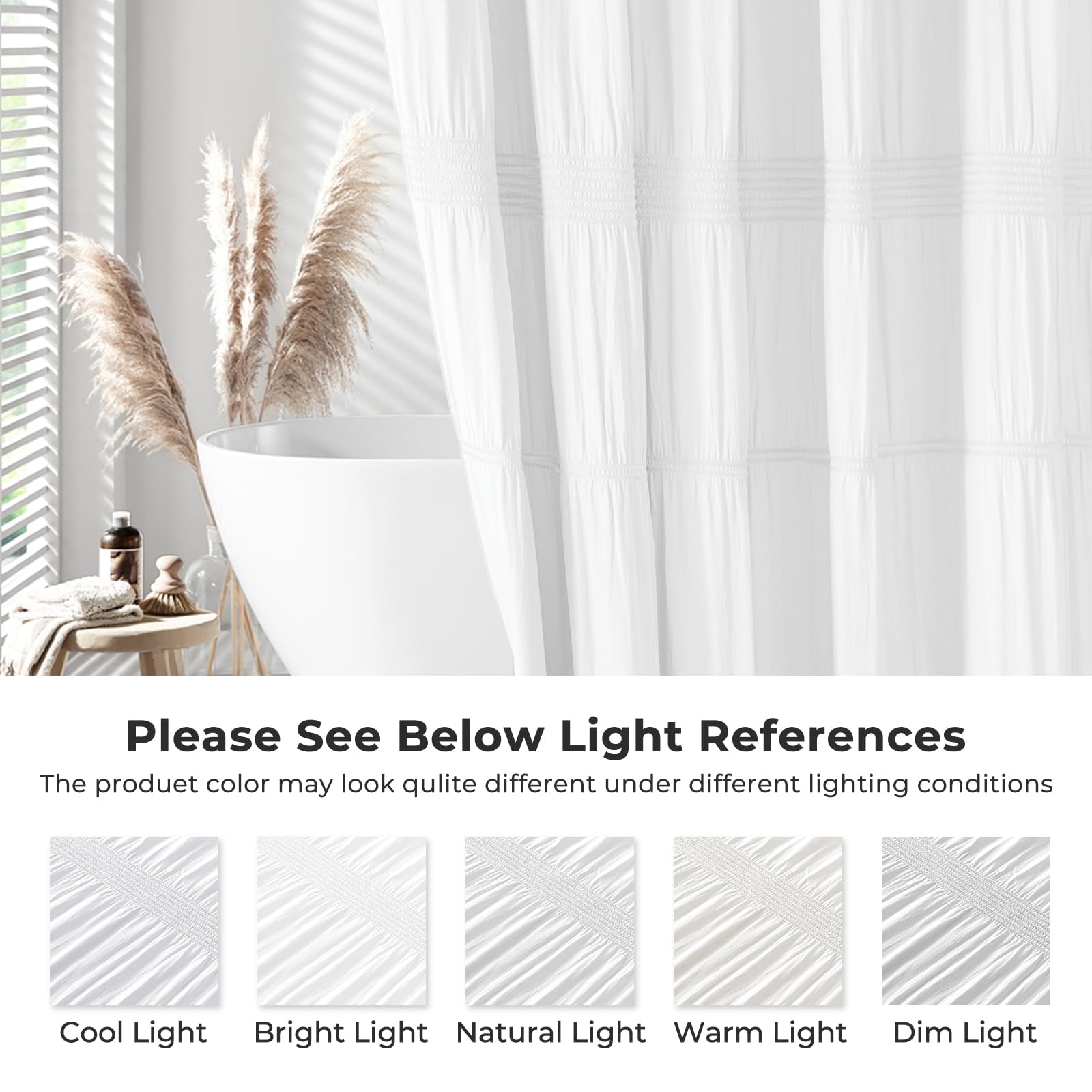 Seasonwood 72x72 white shower curtain fits standard tubs and showers.