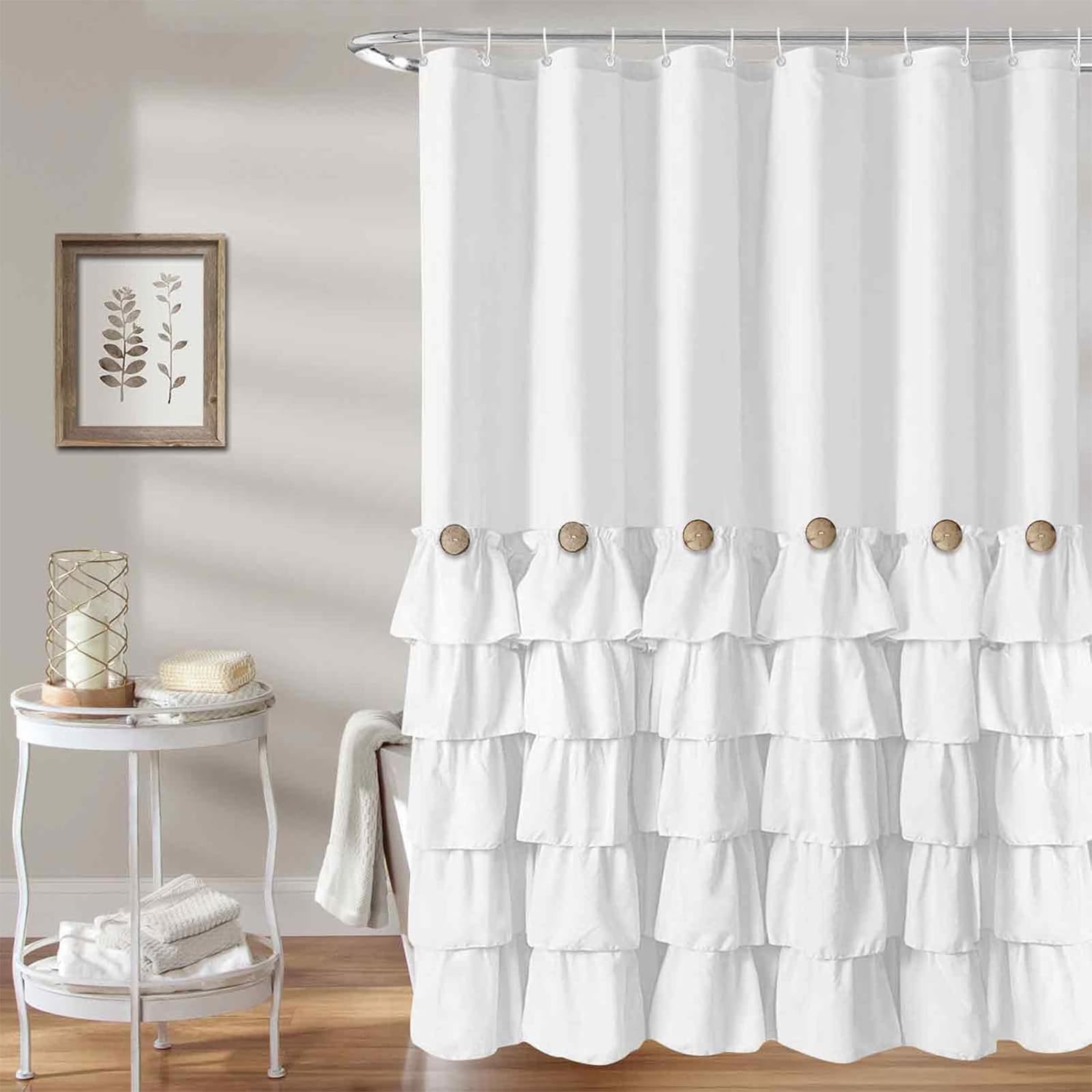 Seasonwood white ruffle shower curtain 72 by 72 inches with wood buttons for farmhouse charm