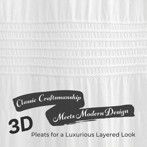 Seasonwood white shower curtain shows striped texture for depth and interest.